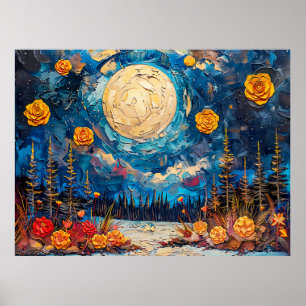 Abstract watercolor illustration of full moon over poster