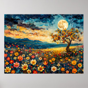 Abstract watercolor illustration of full moon over poster