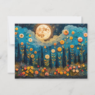 Abstract watercolor illustration of full moon postcard