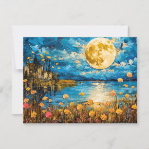 Abstract watercolor illustration of full moon refl postcard