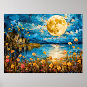 Abstract watercolor illustration of full moon refl poster