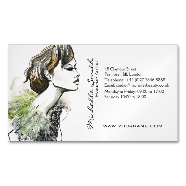 Abstract Watercolor ink colourful woman makeup Magnetic Business Card (Front)