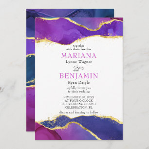 Abstract Watercolor Ink Fuchsia Pink Purple Gold   Invitation