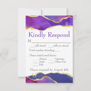 Abstract Watercolor Ink Fuchsia Pink Purple Gold RSVP Card