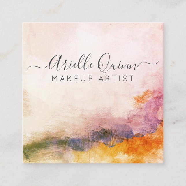 Abstract Watercolor Makeup Artist Square Business Card (Front)
