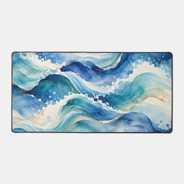 Abstract Watercolor Ocean Waves Desk Mat (Front)