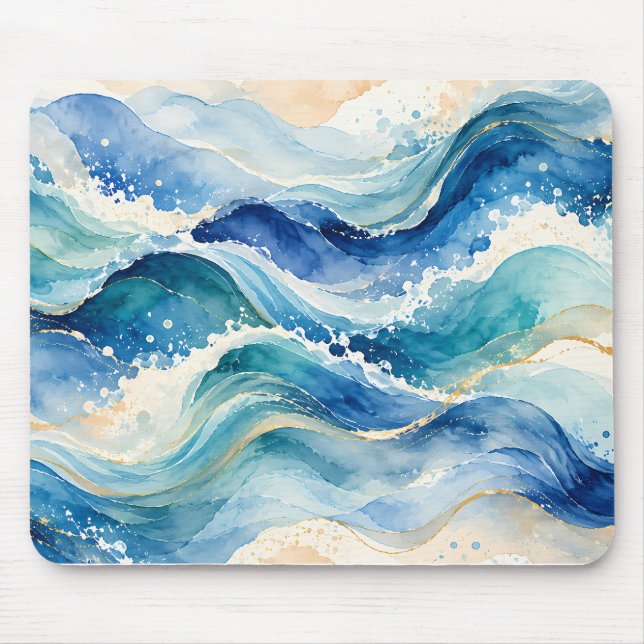 Abstract Watercolor Ocean Waves Mouse Mat (Front)