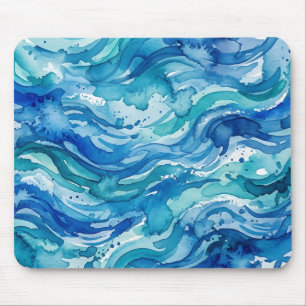 Abstract Watercolor Ocean Waves Mouse Mat
