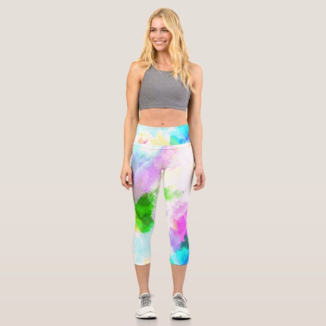 Abstract watercolor paint capri leggings (Front)