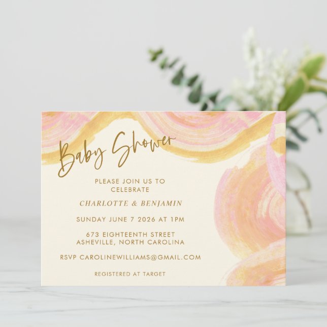Abstract Watercolor Paint Swirl Pink Baby Shower Invitation (Standing Front)