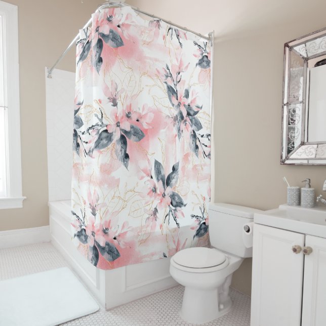 Abstract Watercolor Painted Pink Dogwood Flowers Shower Curtain (In Situ)
