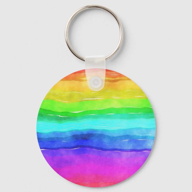 Abstract Watercolor Painted Stripes Rainbow Key Ring (Front)