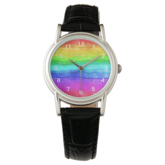 Abstract Watercolor Painted Stripes Rainbow Watch (Front)
