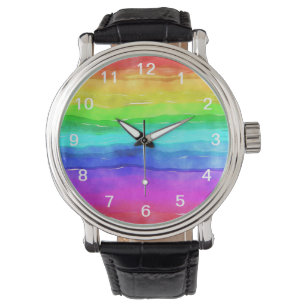 Abstract Watercolor Painted Stripes Rainbow Watch