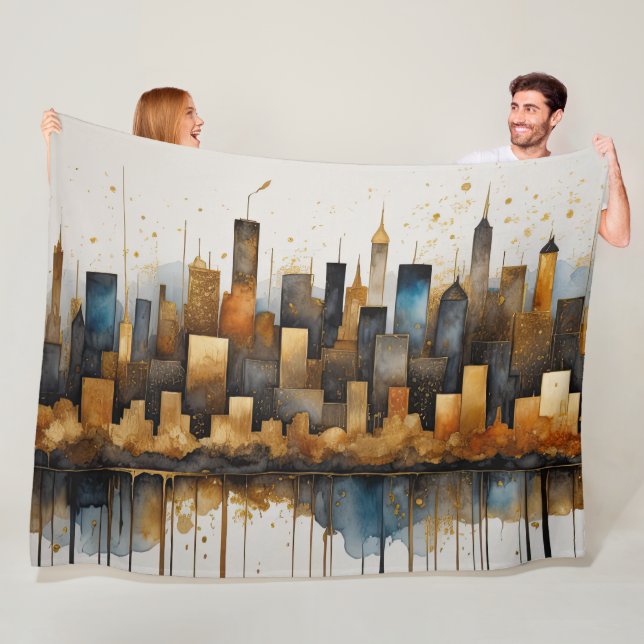 Abstract Watercolor Painting Blue Cityscape Fleece Blanket (In Situ)