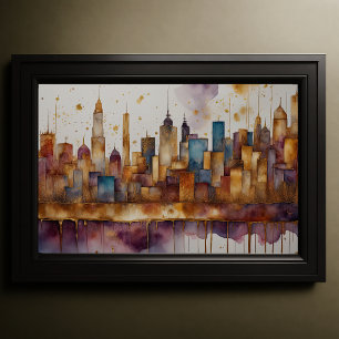 Abstract Watercolor Painting Gold Cityscape 3:2 Poster