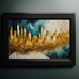 Abstract Watercolor Painting Gold Cityscape 3:2 Poster