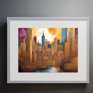 Abstract Watercolor Painting Gold Cityscape 4:3 Poster