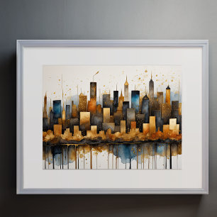 Abstract Watercolor Painting Gold Cityscape 4:3 Poster