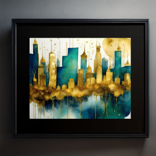 Abstract Watercolor Painting Gold Cityscape 5:4 Poster