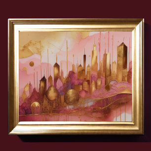 Abstract Watercolor Painting Gold Cityscape 5:4 Poster