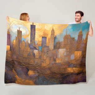 Abstract Watercolor Painting Gold Cityscape  Fleece Blanket