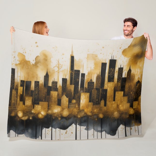 Abstract Watercolor Painting Gold Cityscape Fleece Blanket (In Situ)