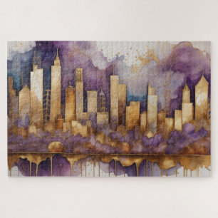 Abstract Watercolor Painting Gold Cityscape Jigsaw Puzzle