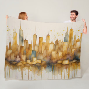 Abstract Watercolor Painting Golden Cityscape Fleece Blanket