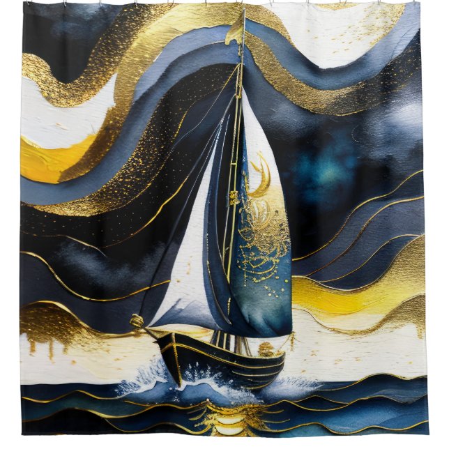 Abstract Watercolor Painting  Sailboat Night Shower Curtain (Front)