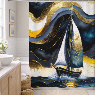 Abstract Watercolor Painting Sailboat Night Shower Curtain
