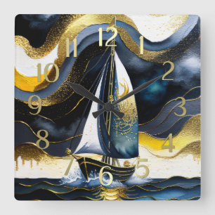 Abstract Watercolor Painting  Sailboat Night Square Wall Clock