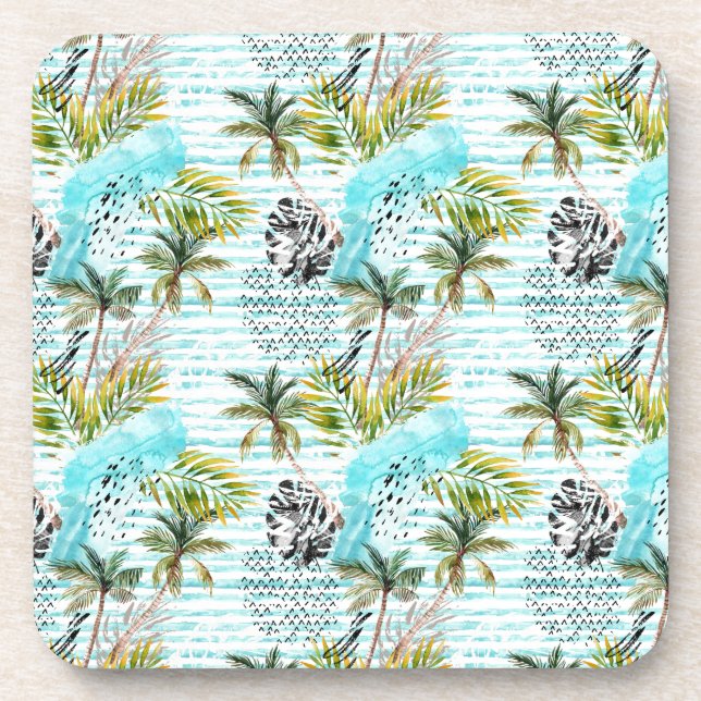 Abstract Watercolor Palm Tree Pattern Coaster (Front)