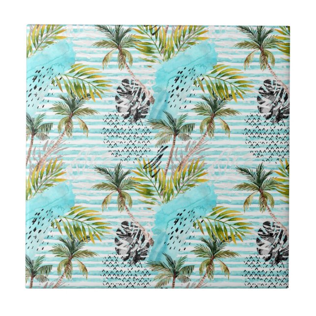 Abstract Watercolor Palm Tree Pattern Tile (Front)