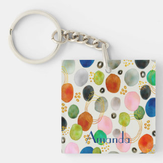 Abstract Watercolor Pebble Gold Glitter Art + Name Key Ring