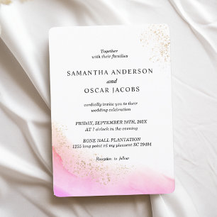 Abstract Watercolor Pink Brush Strokes & Gold   Invitation