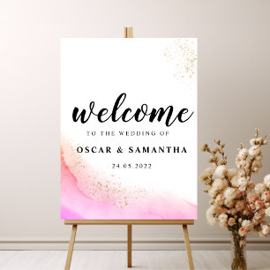 Abstract Watercolor Pink Brush Strokes & Gold   Poster