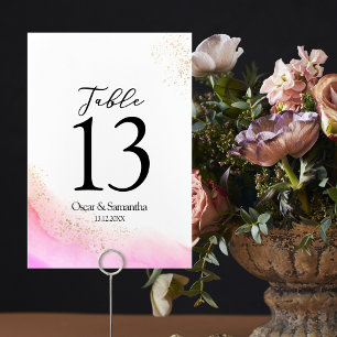 Abstract Watercolor Pink Brush Strokes & Gold   Table Number