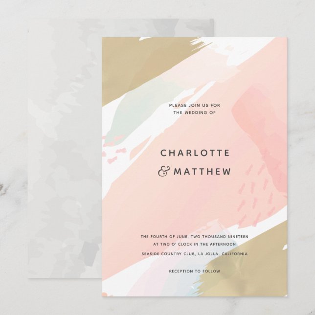 Abstract Watercolor Pink Brush Strokes Wedding Invitation (Front/Back)