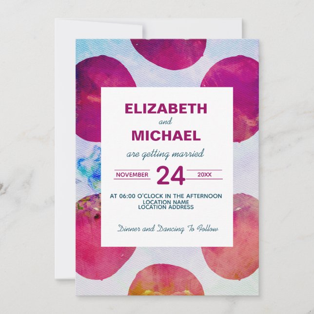 Abstract Watercolor Pink Polka Dot Wedding Invitation (Front)