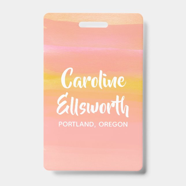Abstract Watercolor Pink Yellow Personalised ID Badge (Front)