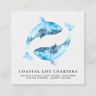 *~* Abstract Watercolor Playing Coastal Dolphins Square Business Card