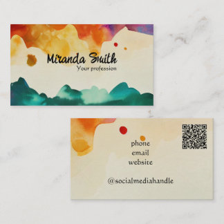 Abstract Watercolor QR Code Custom Business Card