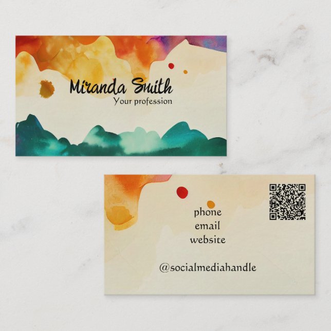 Abstract Watercolor QR Code Custom Business Card (Front/Back)