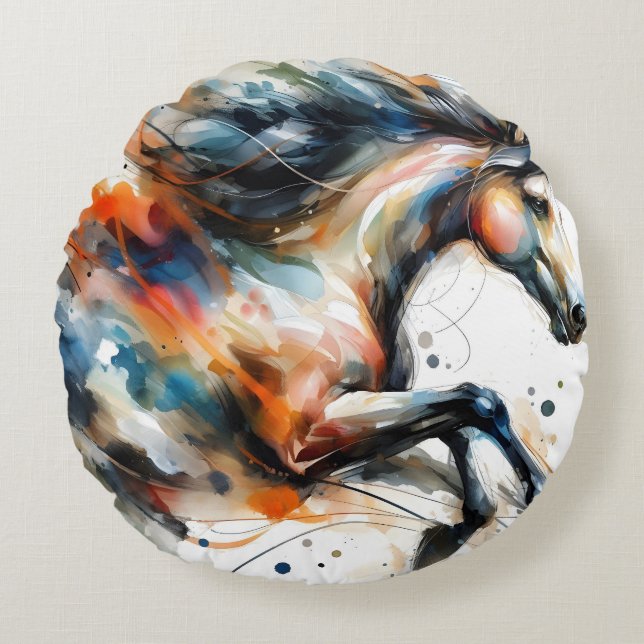 Abstract Watercolor Running Horse Round Cushion (Front)