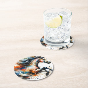Abstract Watercolor Running Horse Round Paper Coaster