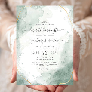 Abstract Watercolor Sage Green Gold Invitation