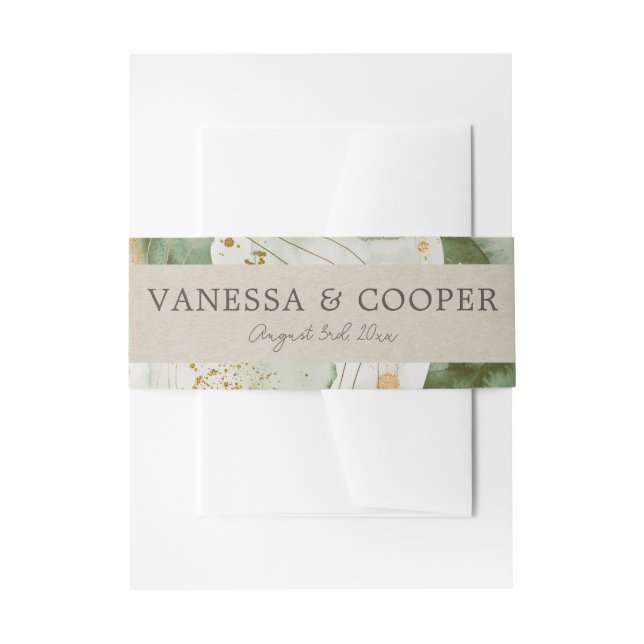 Abstract Watercolor Sage Green Gold Wedding Invitation Belly Band (Front Example)