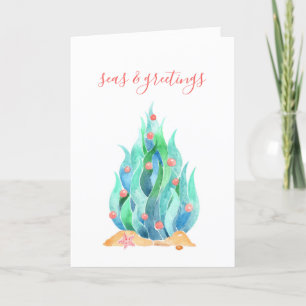 Abstract Watercolor Seaweed Tree Coastal Christmas Holiday Card