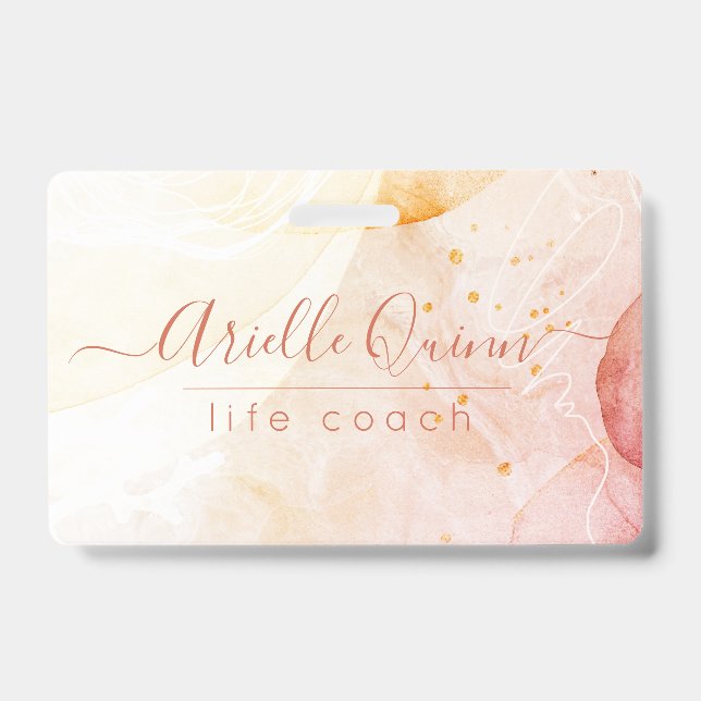 Abstract Watercolor Shapes Rose Script Life Coach ID Badge (Front)